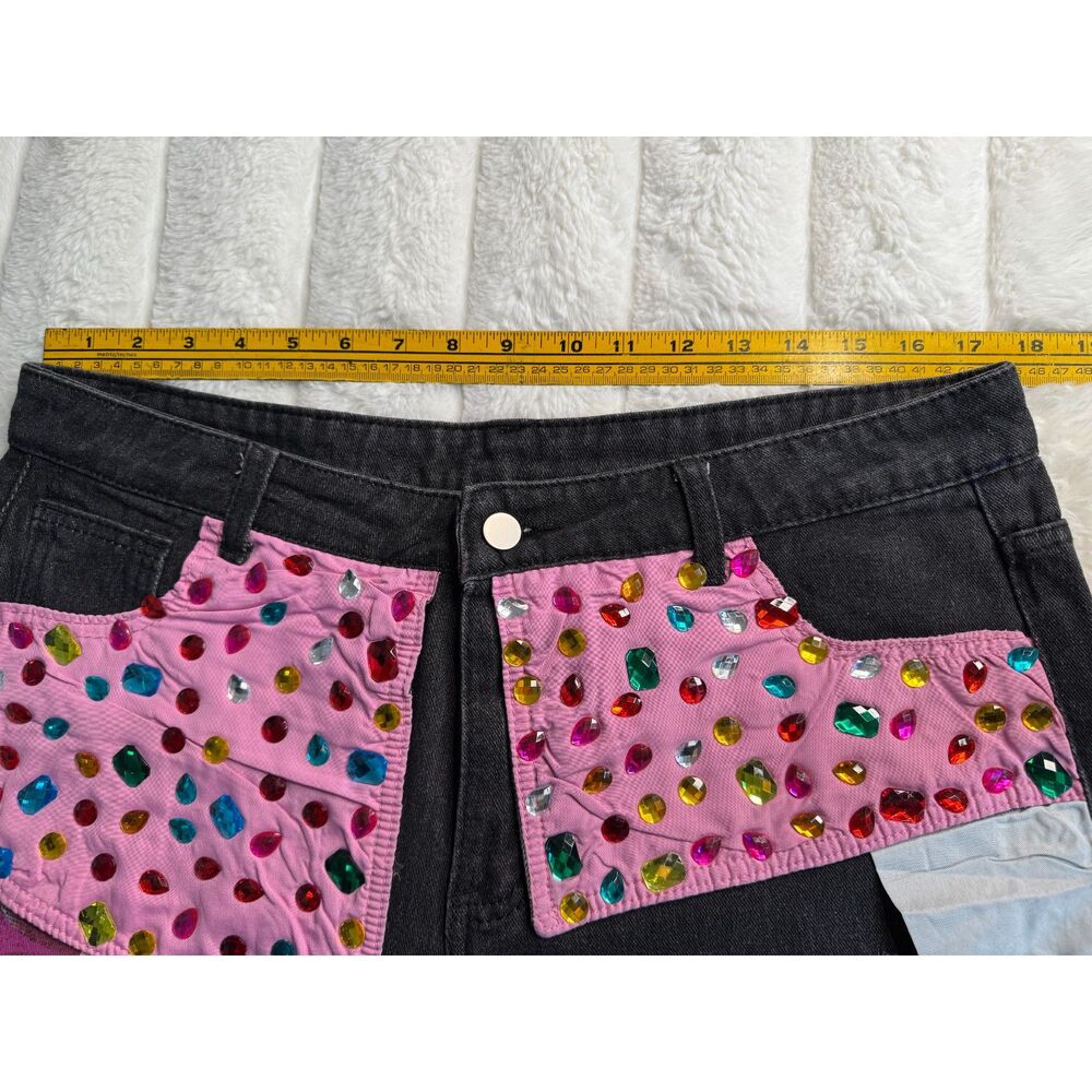 High Waist Wide Leg Rhinestone Flower Horseshoe Ripped Loose Cropped Jeans XL - Picture 6 of 6